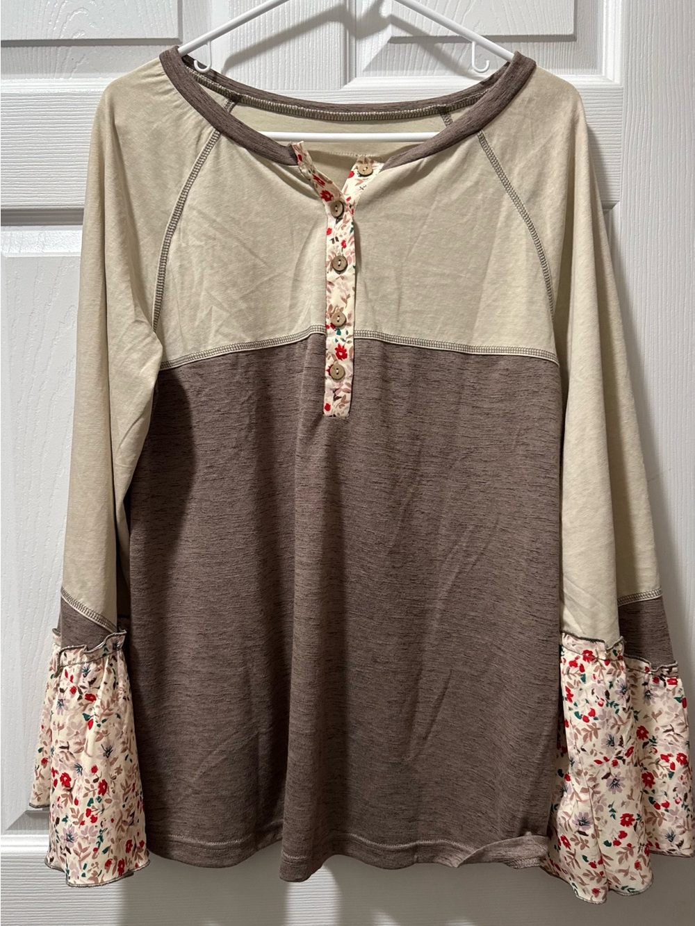 Casual Two-Tone Brown & Cream Henley Top with Floral Bell Sleeves